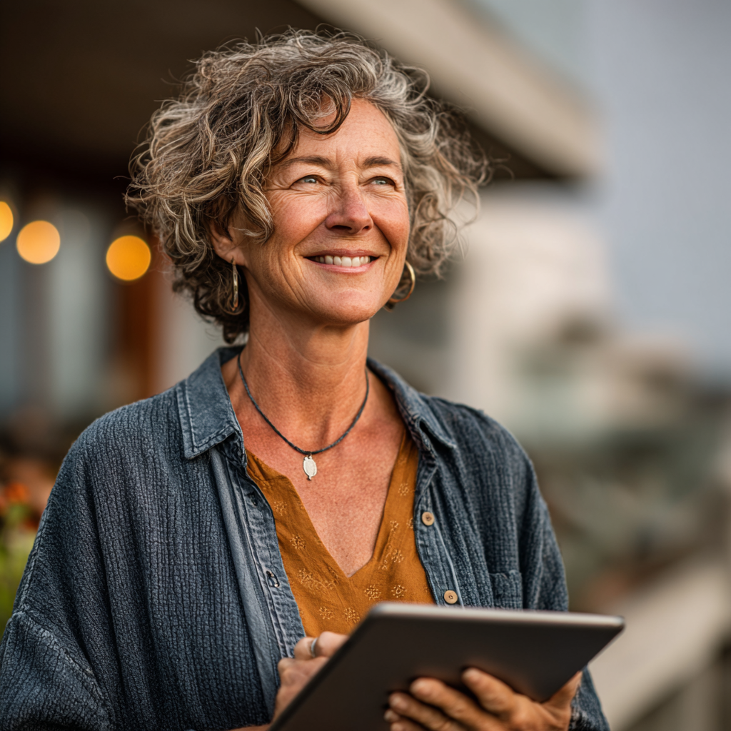 Жінка 52 років з задоволеною посмішкою тримає планшет з додатком mirkadush, демонструючи простоту використання сервісу