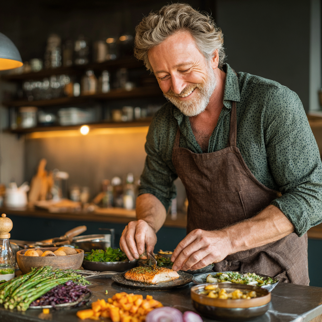 Чоловік 58 років з радісною посмішкою готує здорову страву за персональним рецептом mirkadush на сучасній кухні