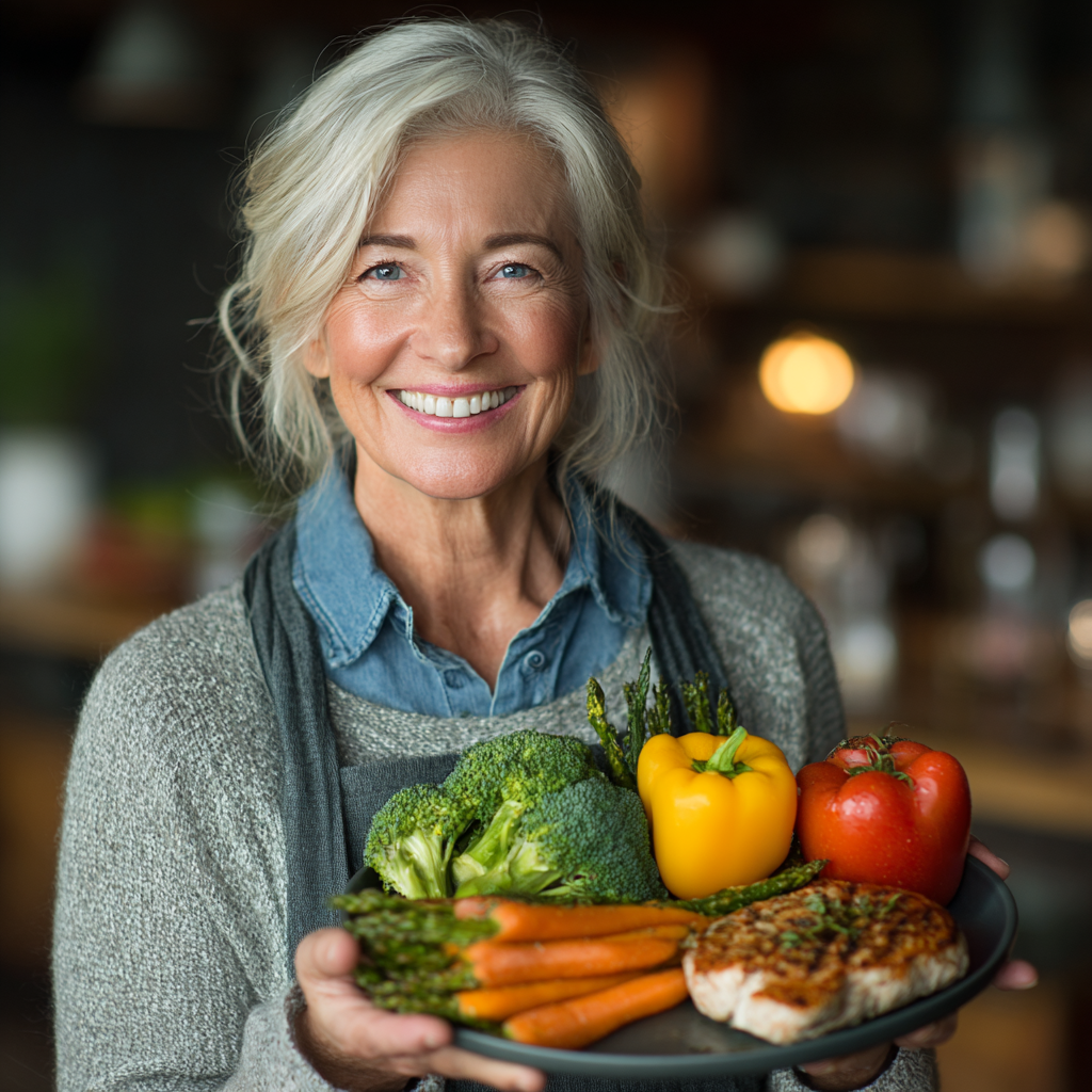 Жінка 55 років з посмішкою тримає здорову тарілку з овочами та білками, демонструючи результати планування харчування